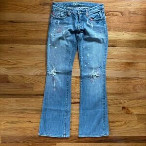 Unique Vintage 90s Distressed Denim Bootcut Jeans Sz 28 Paint Splatter Details